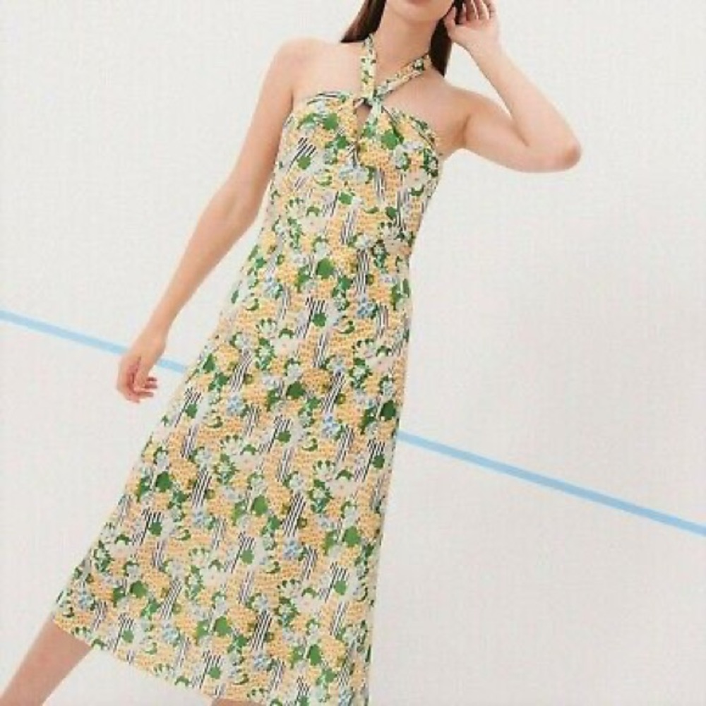 NWOT ZARA Green Gold White Blue Halter Neck Floral Print Midi Dress